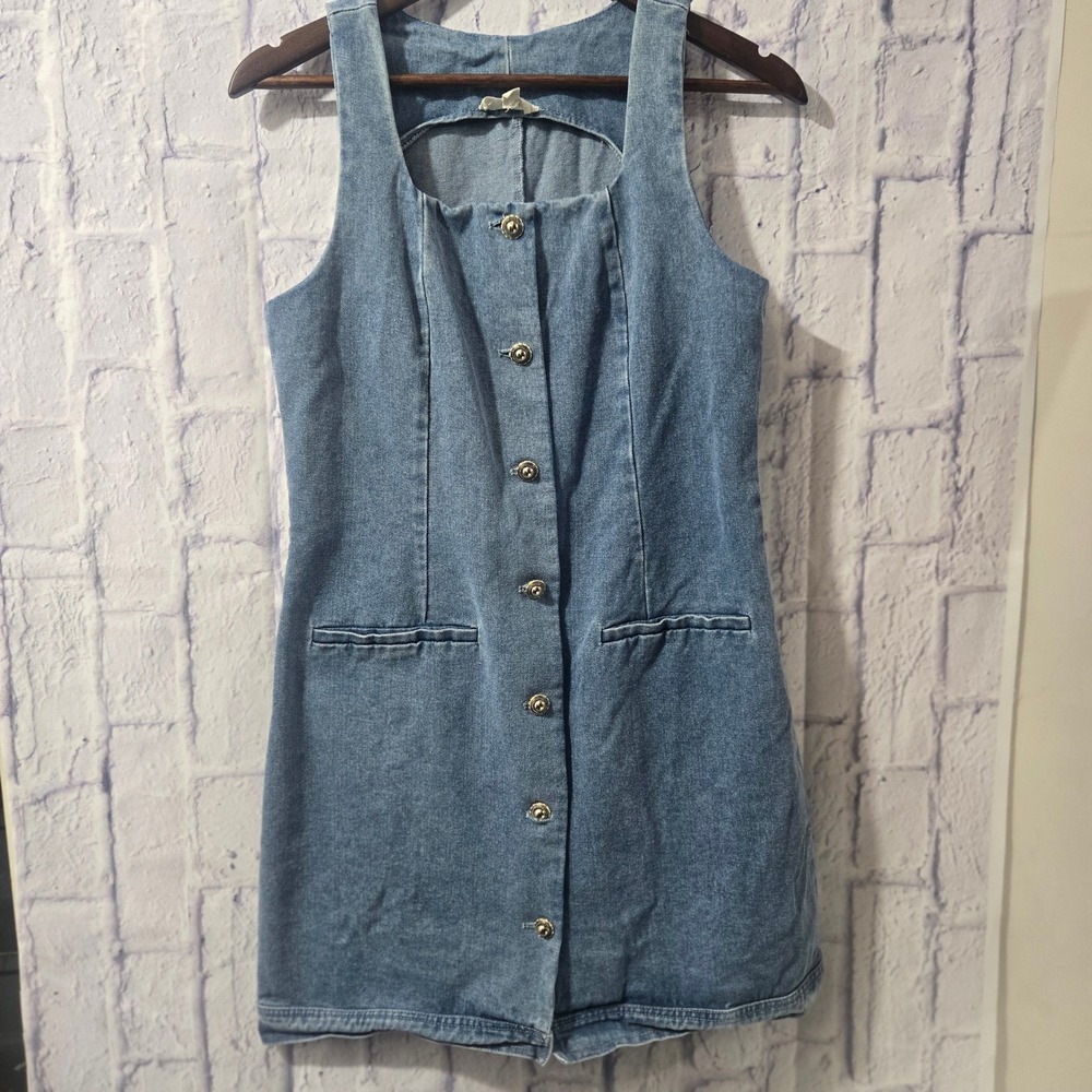 Entro‎ Denim Button Front Mini Dress Light Wash Sleeveless Square Neck Size M